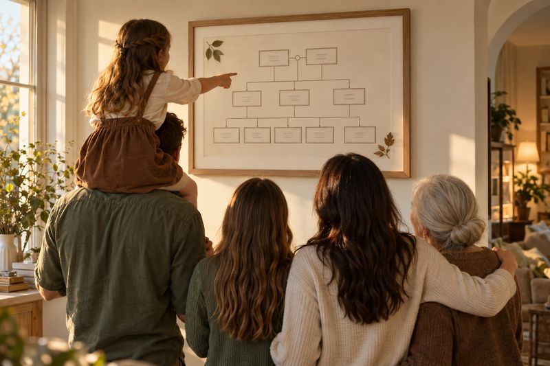 Une famille vue de dos devant son arbre généalogique encadré au mur ; sur les épaules de son père, une fillette montre une étiquette du doigt