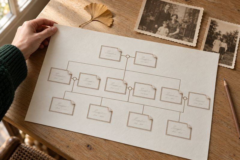 Une main pose sur une table une feuille A3 où est imprimé un arbre généalogique au style herbier, à côté de photos de famille anciennes