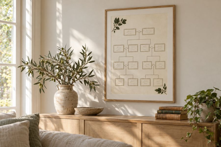 Un arbre généalogique de style herbier imprimé en A3, encadré au-dessus d'un buffet en chêne, à côté d'un vase de branches d'olivier